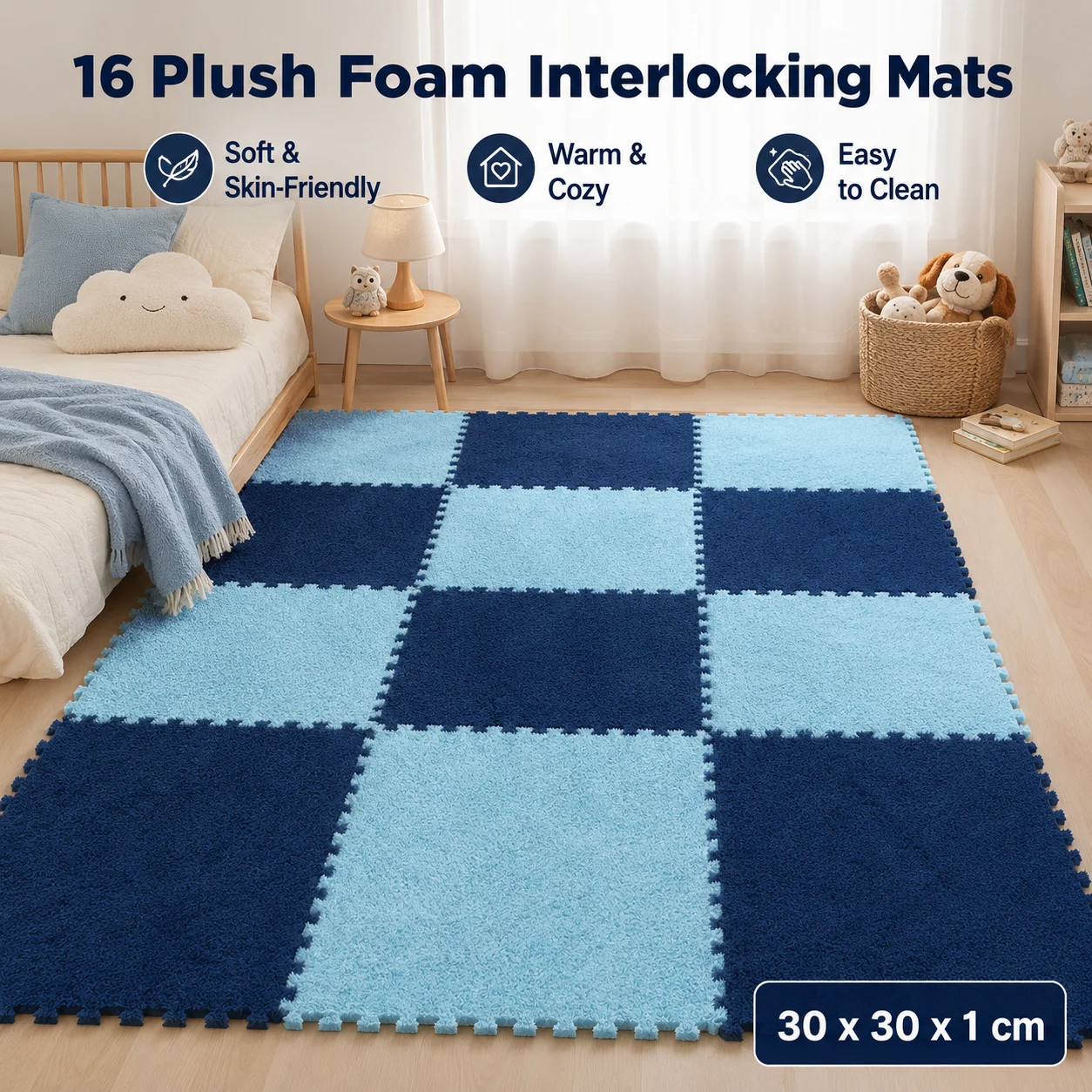 16Pcs Plush Foam Interlocking Mats Soft Puzzle Floor Tiles 30x30cm for Bedroom Kids Room Play Area Bedside Carpet