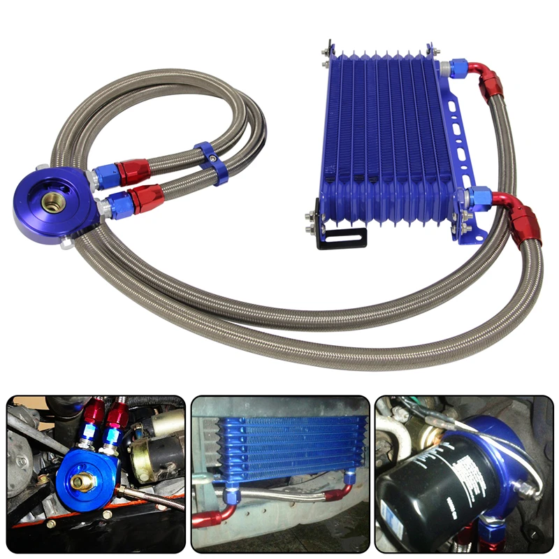 

Blue/Black AN10 10Row 262mm Transmission Oil Cooler w/Bracket + Aluminum Filter Hose End Kit For VW Saab Universal Engine