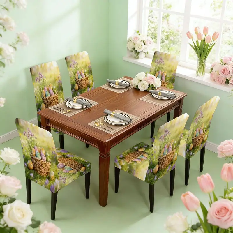 Flat print stretch dining chair cover set Wicker basket with painted Easter egg pattern on spring grass, chair cover