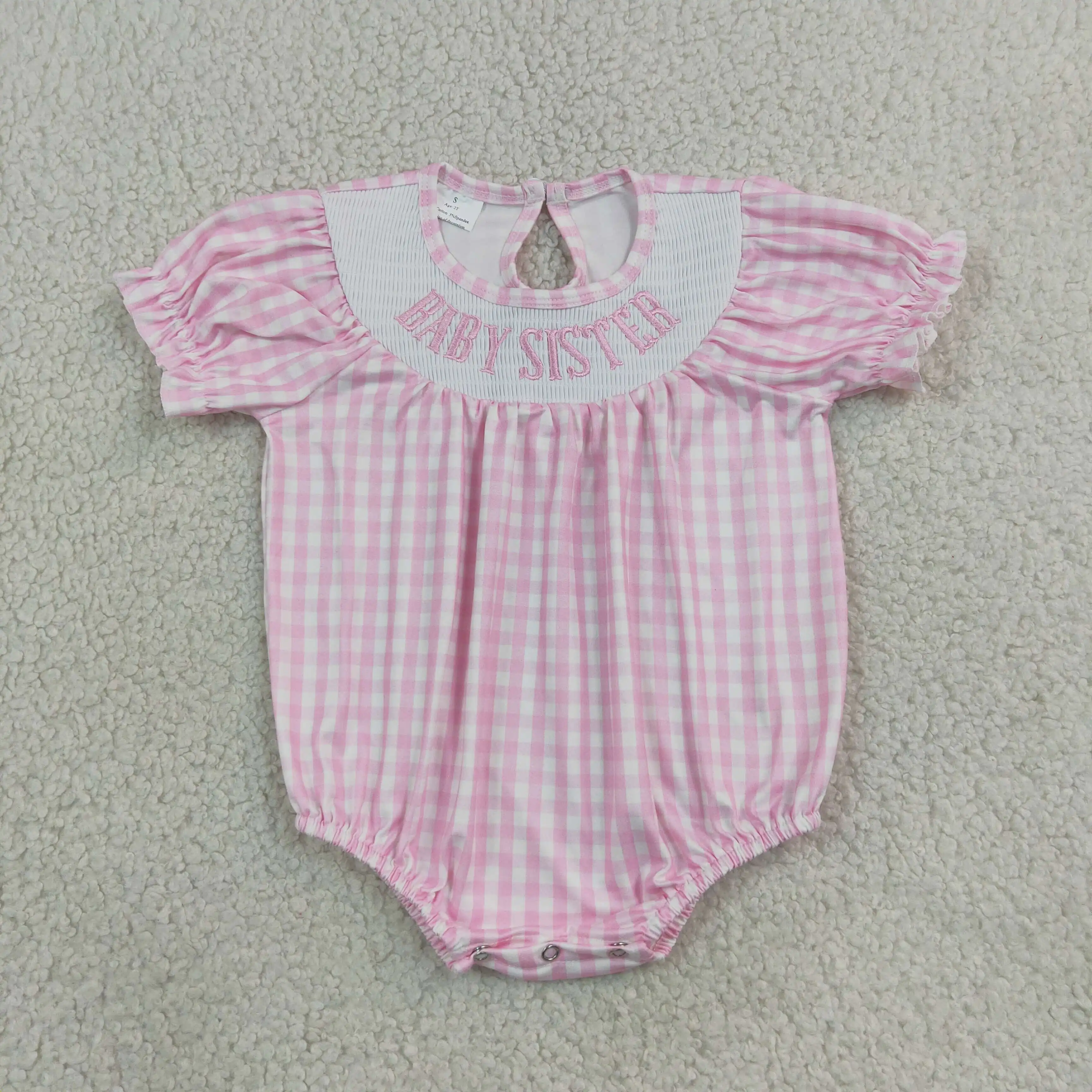 Wholesale Newborn Embroidery Sister Bubble Romper Toddler Kids Short Sleeves Pink Plaid Clothes Baby Girl Children Clothing
