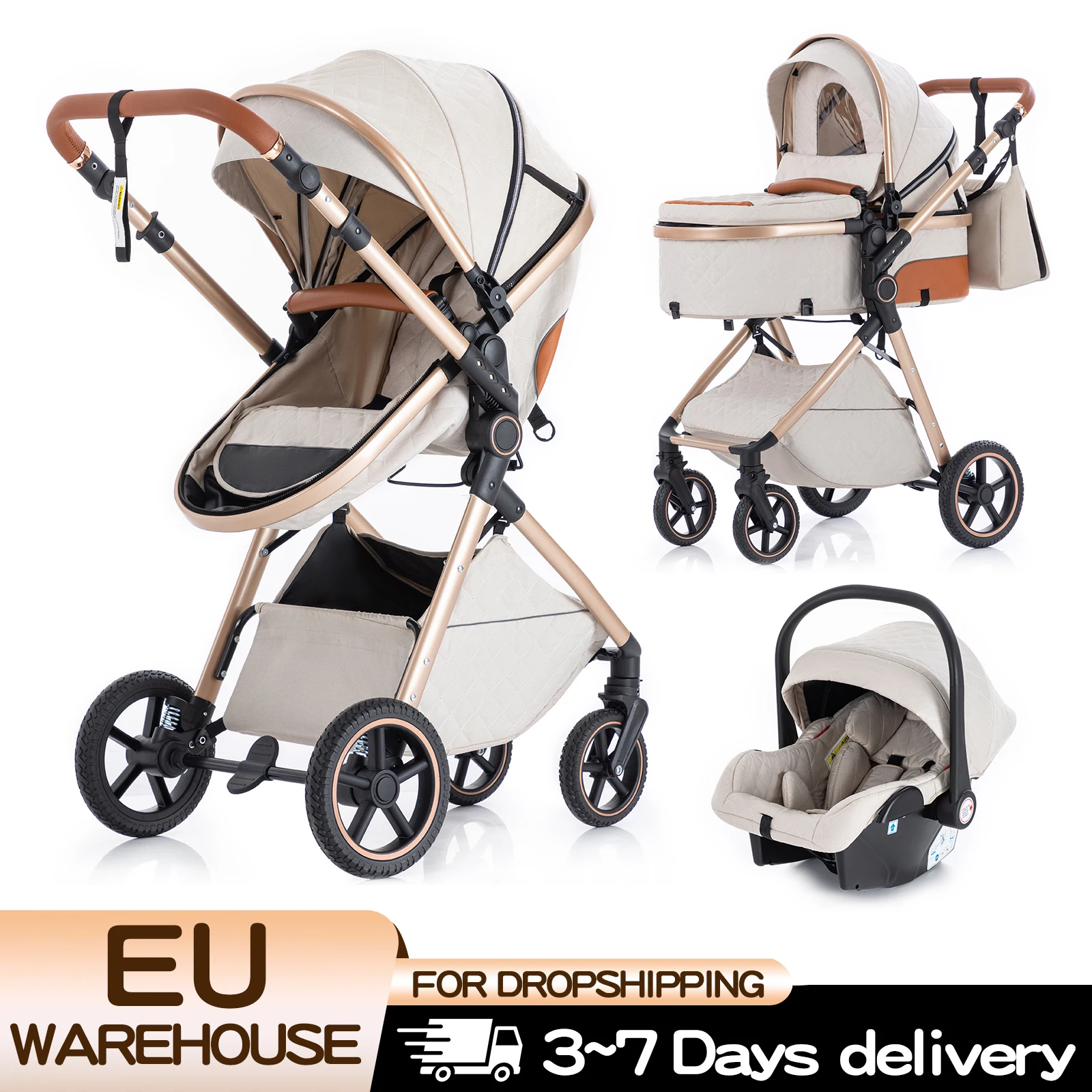 Poussette de luxe 3 en 1, portable, pliable, pour nouveau-né, avec poignée réglable, possibilité d'a