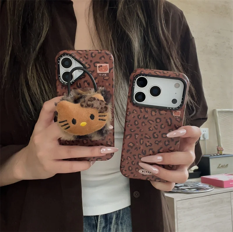 

Fashion Brown Leopard Print Magnetic Phone Case For iPhone 17 Pro 15 14 16 Pro Max Cover with Stand Hellokitty Cases Girls