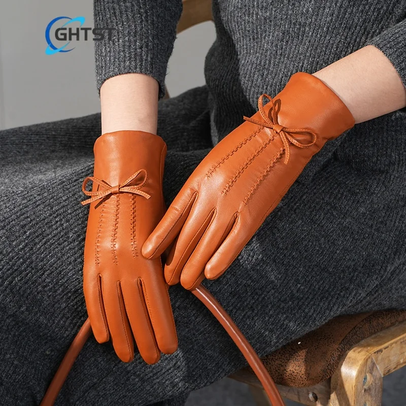 SIX Color Bowknot Elegant Leather Gloves Women Winter plus fleece Thickened Warm  Driving Riding Fashion Windproof Gloves