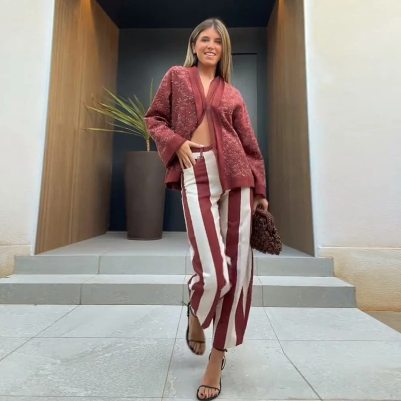 Casual Women's Red Striped Pants Button Zipper Double Pockets Straight Straight Leg Trouser 2026 Spring Summer Fashion Lady Pant