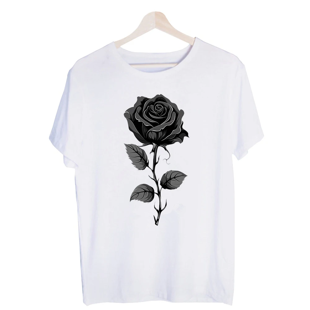 Men's Black Rose Graphic Tee, Short Sleeve Crew Neck T-Shirt for Casual Streetwear and Daily Outfits