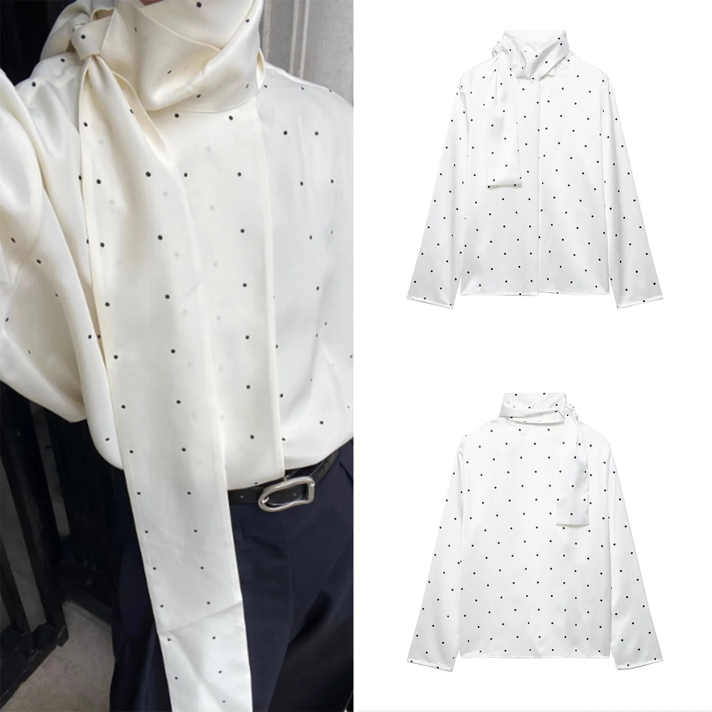 

Новая зимняя женская блузка 2025 года с длинным рукавом, атласная, в горошек, с индивидуальным дизайном, простая, универсальная, в комплекте с шарфом