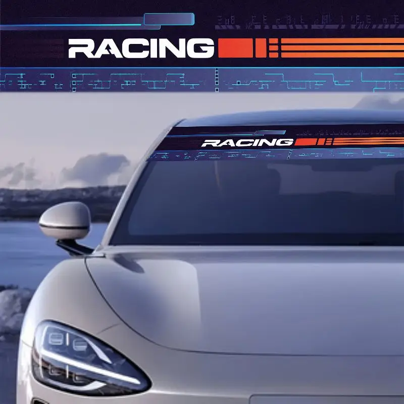 

1, a futuristic racing car front windshield sticker with striking white angled letters and luminous blue accents, designed