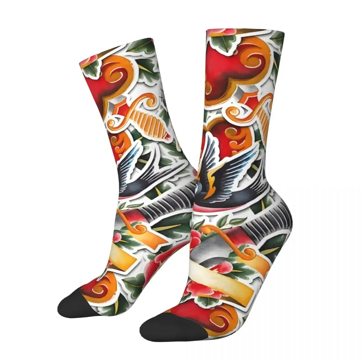 FLowers Men's Socks Vintage Harajuku American Traditional Flash Pattern Tattoo Street Style Novelty Casual Crew Sock