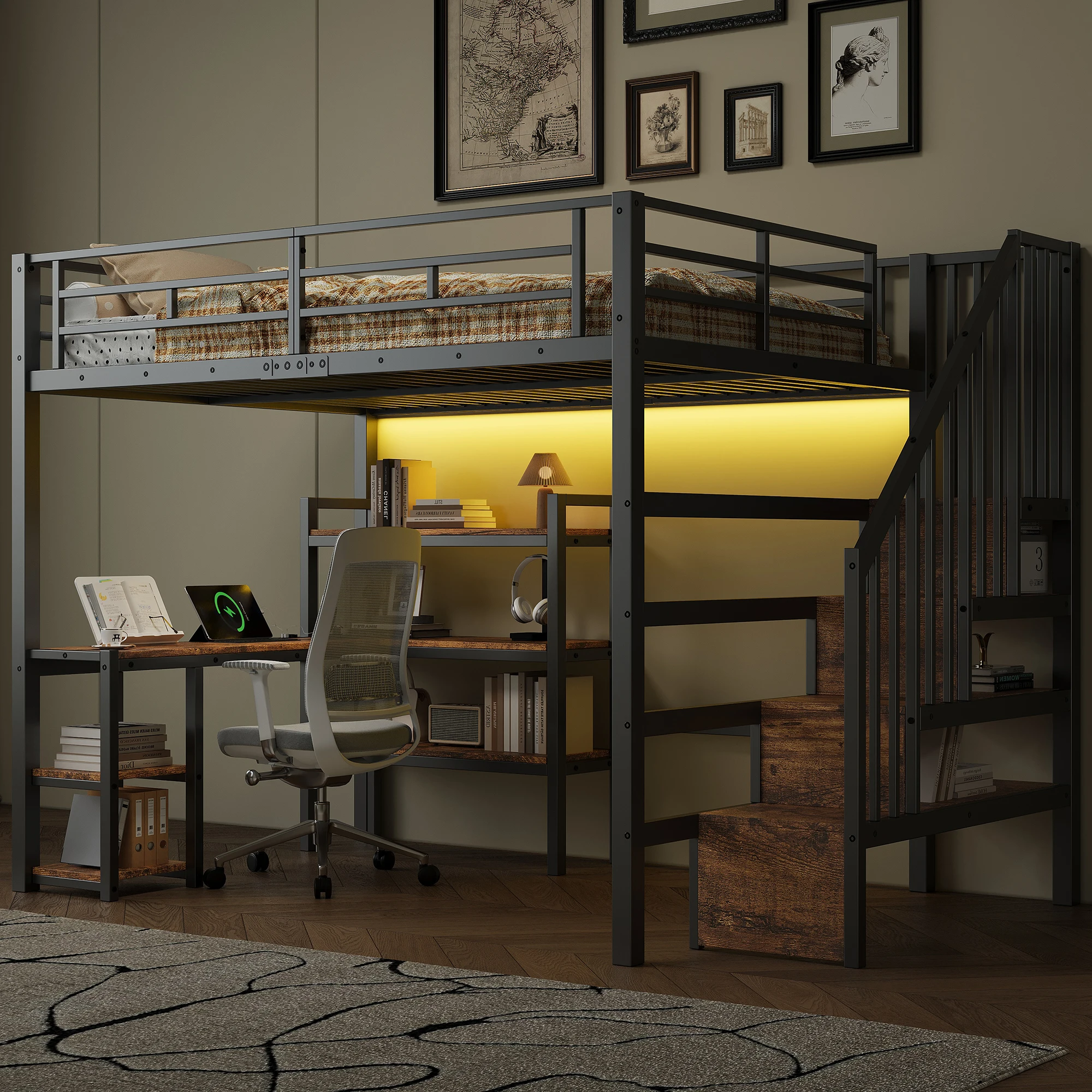 140x200 Metall-Hochbett mit Schreibtisch, Stauraum, USB-Ladefunktion, LED-Beleuchtung - Elegantes Schwarzes Design!