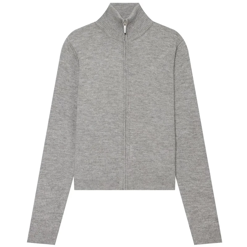 HXAO Crop Grey Knit Cardigan Women's Sweater Autumn Casual Basic Long Sleeve Slim Stand Collar Zip-Up Top Minimalist Outerwears
