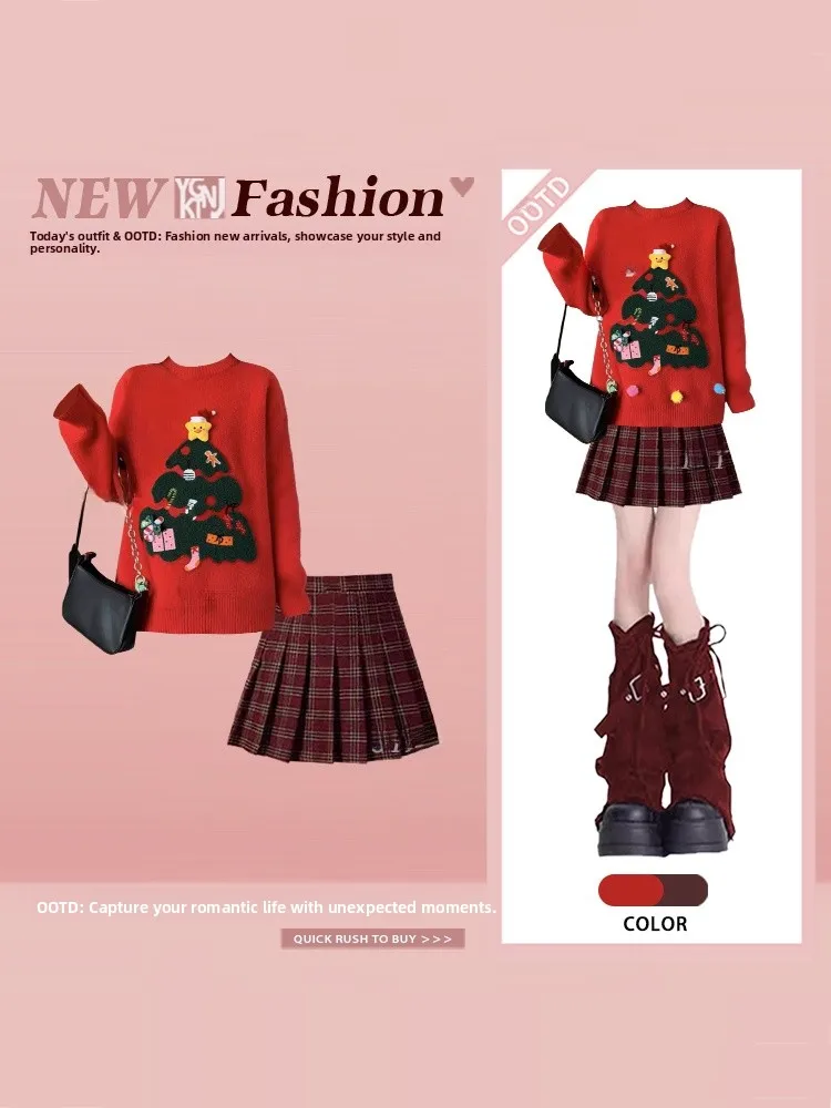 

Cisas Knitted Sweater And Plaid Skirt Set Gentle Sle Women's Faion Winter Outfit Ensemble Soft And Ele