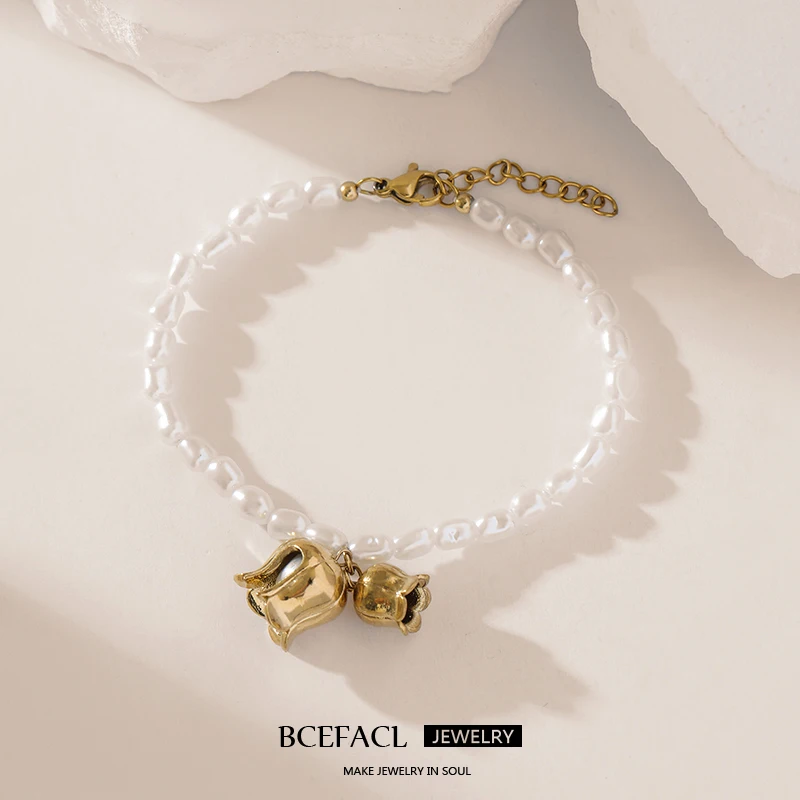 BCEFACL 316L Stainless Steel Roses Flowers Charm Bracelet For Women Daily Wear Fashion Pearl Chain Bangles Jewelry Holiday Gifts