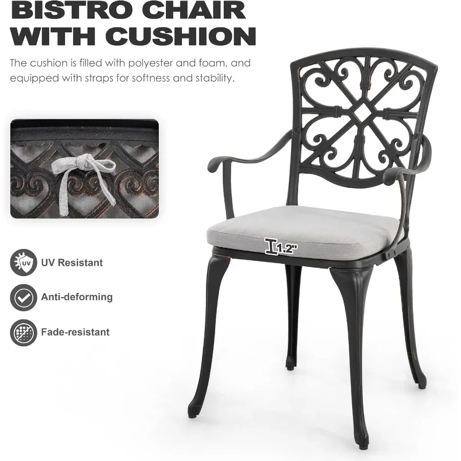 Bistro Set 3 Pcs Outdoor All Weather Cast Aluminum Patio Bistro Set Patio Table and Chairs Set of 2 with Umbrella Hole and Grey