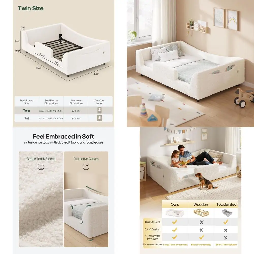 

Twin Size 2-in-1 Bed with Slats, High Rails, Upholstered in Teddy Boucle, Suitable for Kids, Easy Assembly, Beige