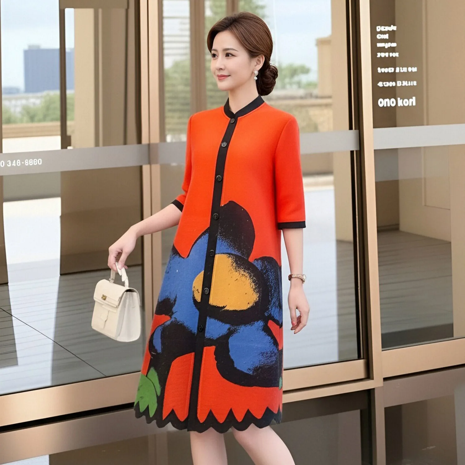 

Miyake Orange Pleated Printed Women's Clothing Dress Fashionable Vacation Style Stand Up Collar Skirt 2026 Spring New 2DB7062