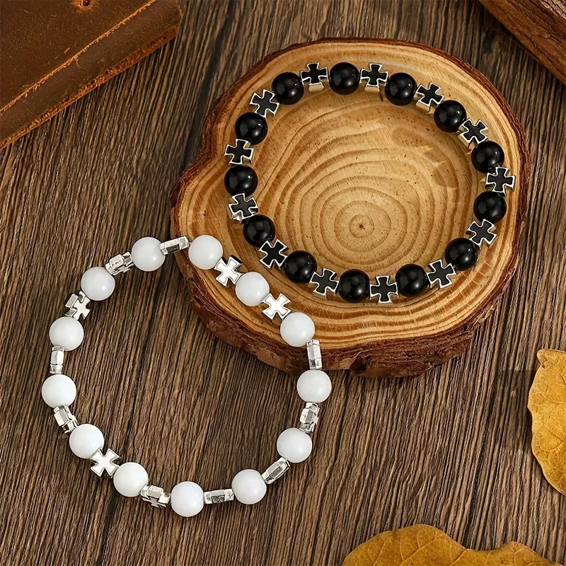 

New Arrival Cross Beaded Bracelet Black White Color Matching Couple Bracelets Fashion Handmade Wristband Jewelry For Lovers