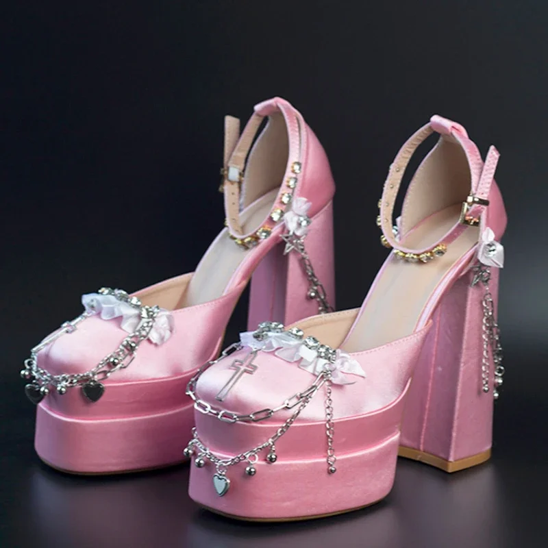 2026 Newest Metal Chain Pink Sandals 15cm High Heel Fashion Lolita Lace Satin Princess Birthday Dancing Party Shoes Size 35-42 view 3