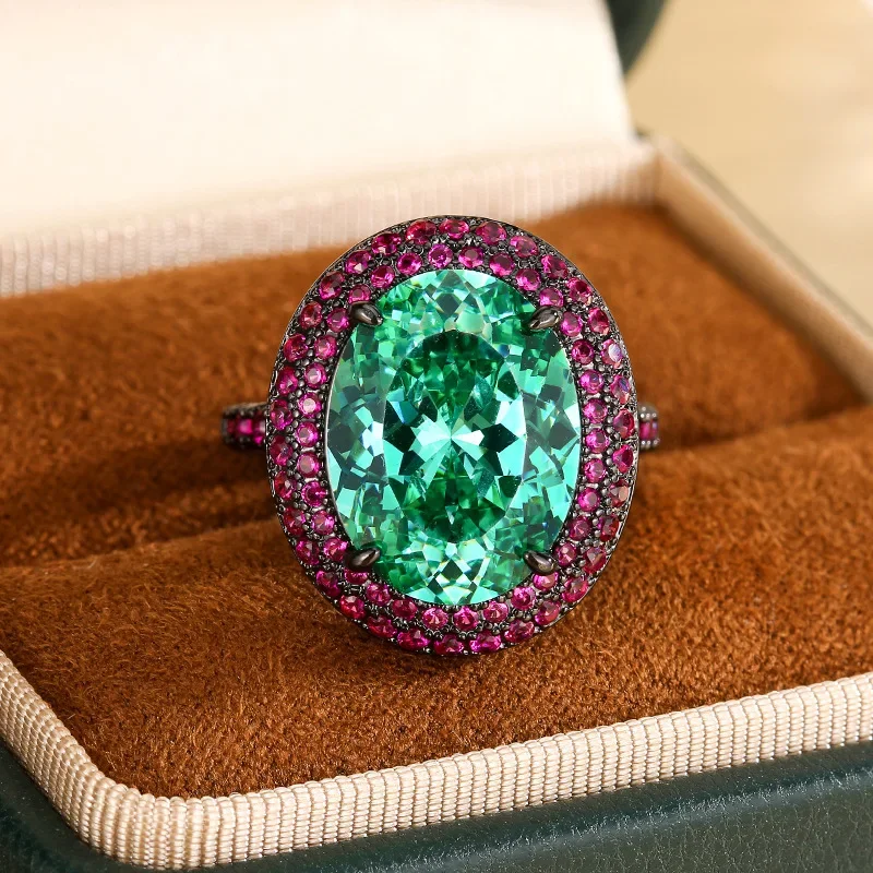 

Adjustable Oval Cut Emerald Green Gemstone Ring Sparkling CZ Halo Silver Black Plated Elegant Statement Party Jewelry for Women