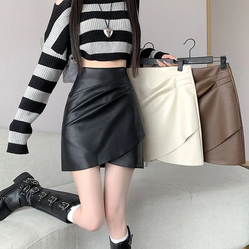 PU Leather Irregular Mini Skirts for Women High Waist Slimming Anti-Emptied Skirts Fashion A-line Folds Short Skirts Streetwear