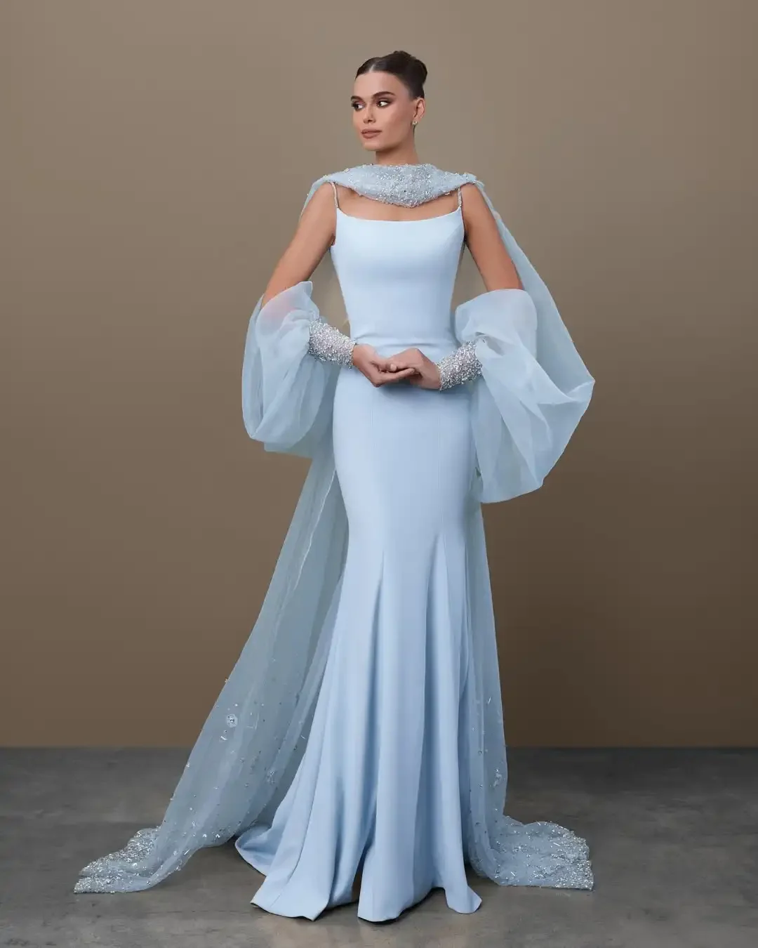 

Customized Graceful Crystal Sequined Jersey Mermaid Detachable Sleeve Evening Dress Exquisite Floor Length Celebrity Gowns