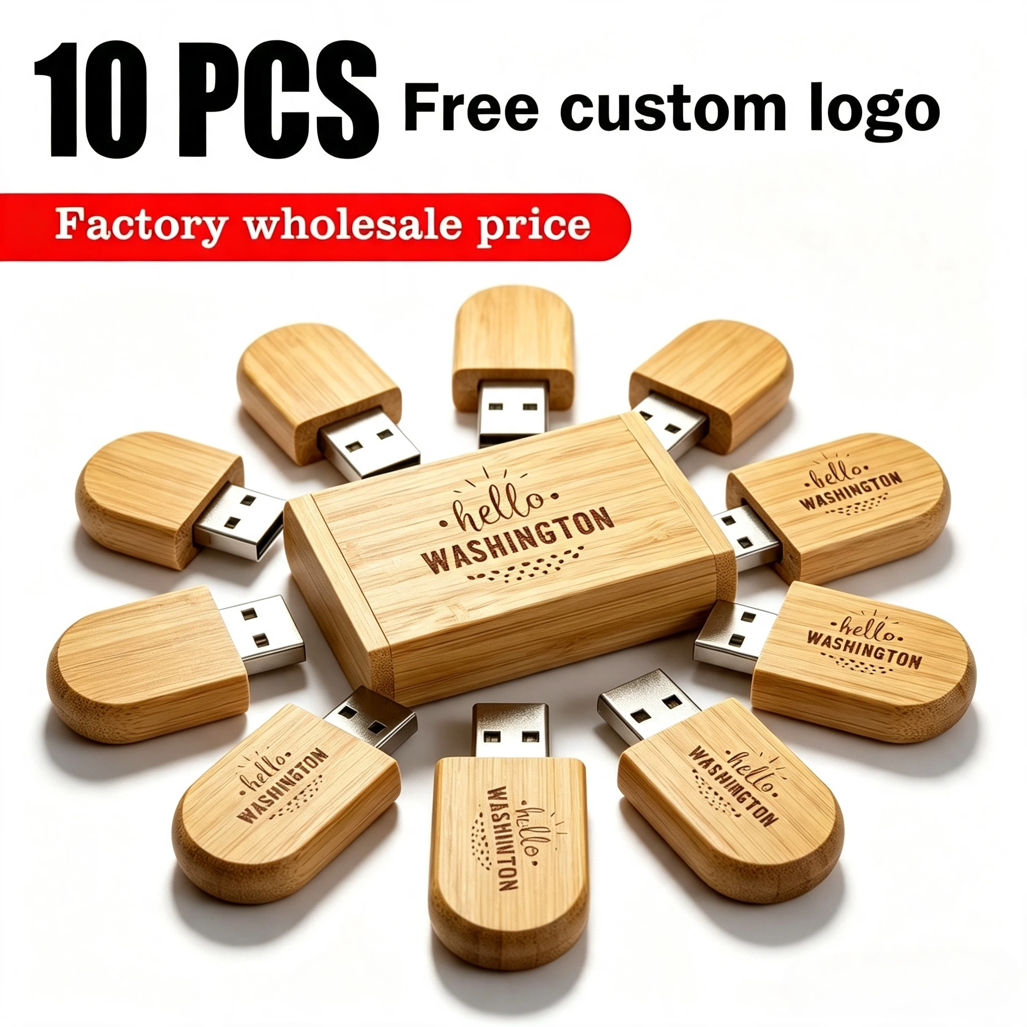 10PCS Free Custom Logo Wooden Box USB Flash Drive 128GB Personal Logo Wedding Gift Memory Stick 64GB Wood Pendrive 32GB U Disk