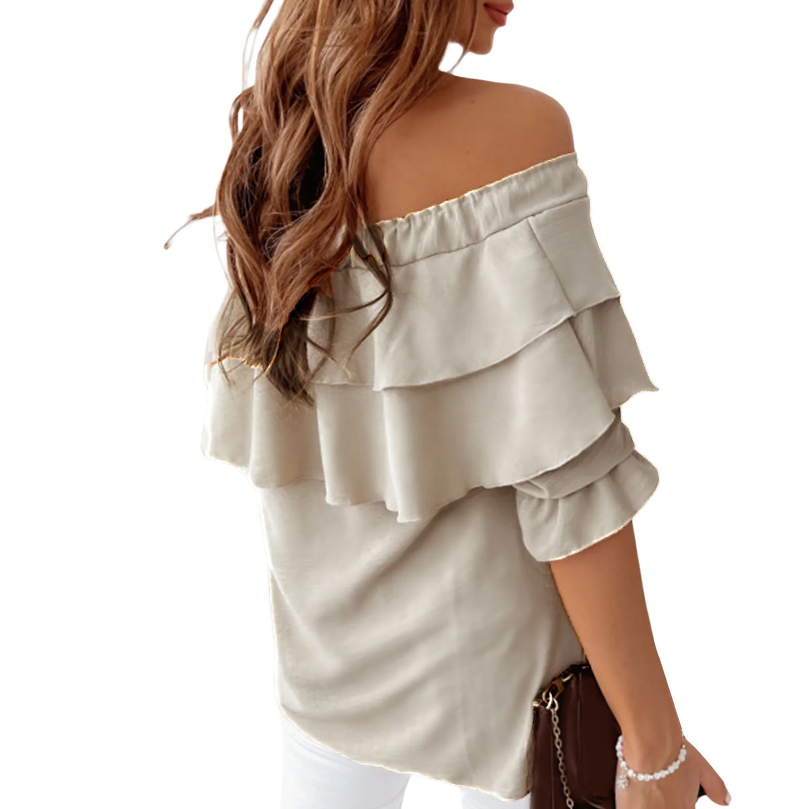 Women Fashion Slim Blouse Tops Fashion Solid Summer Off Shoulder Shirts Half Flounce Sleeve Chiffon Blouses Ruffles Tie-Up Tops