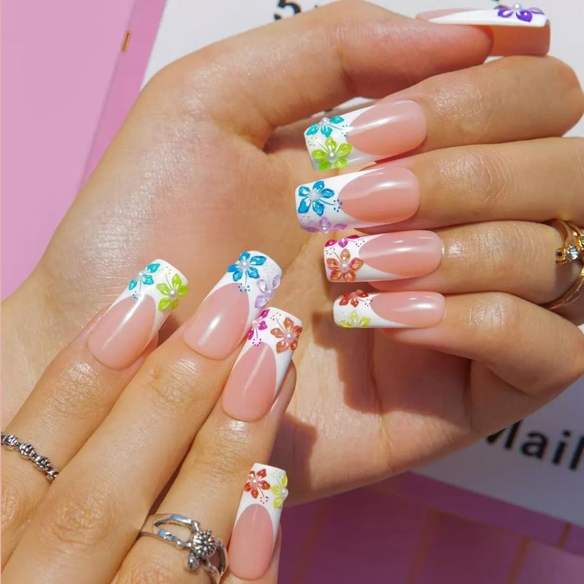 

False Nails 3D Floral French Tip Design Sweet False Nails Cute Pink Flower Star Pearl Designs Press On Nails Diamonds Wearable