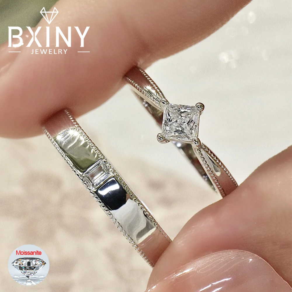 

BXINY Princess/Emerald Cut Moissanite Couple Rings 925 Sterling Silver for Women Men Proposal Engagement Bands Fine Jewelry Gift