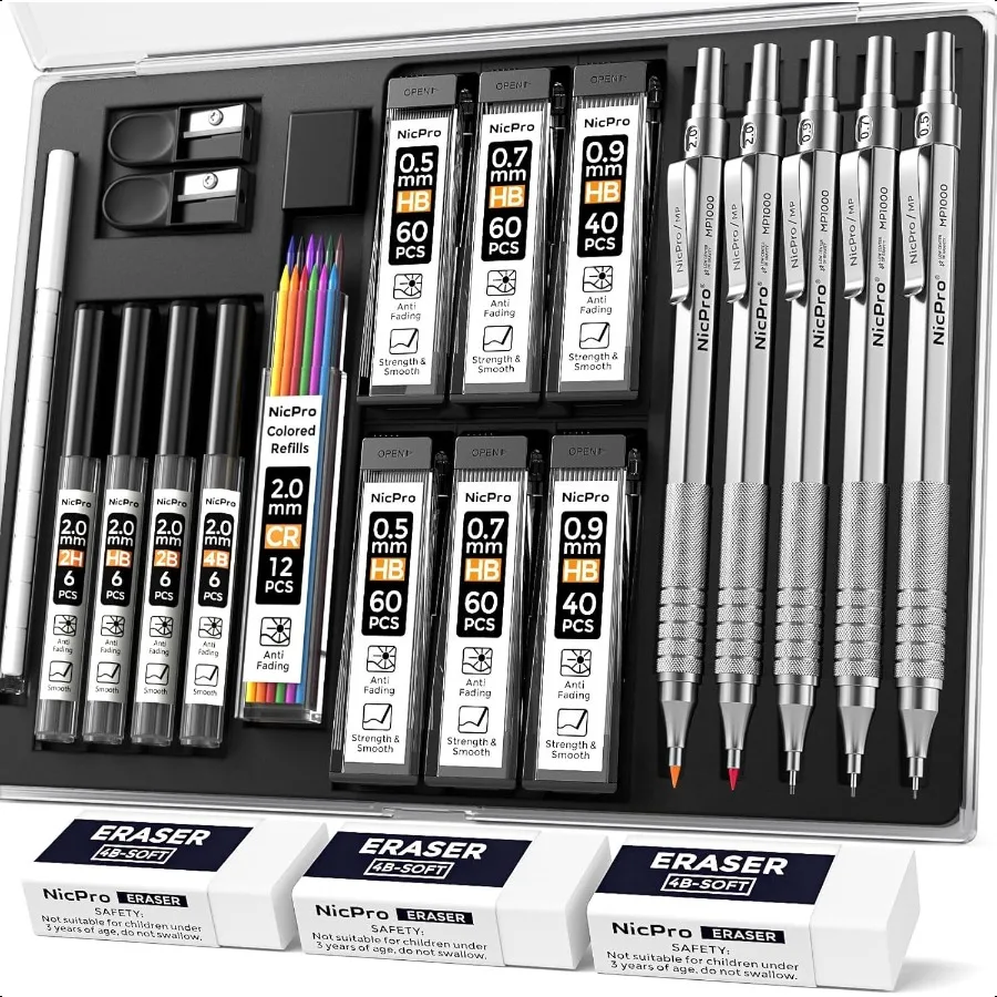 

22PCS Metal Mechanical Pencil Set in Case Art Drafting Pencil 0.5 0.7 0.9 mm 2 PCS 2mm Mechanical Drawing Pencils with 396PCS L