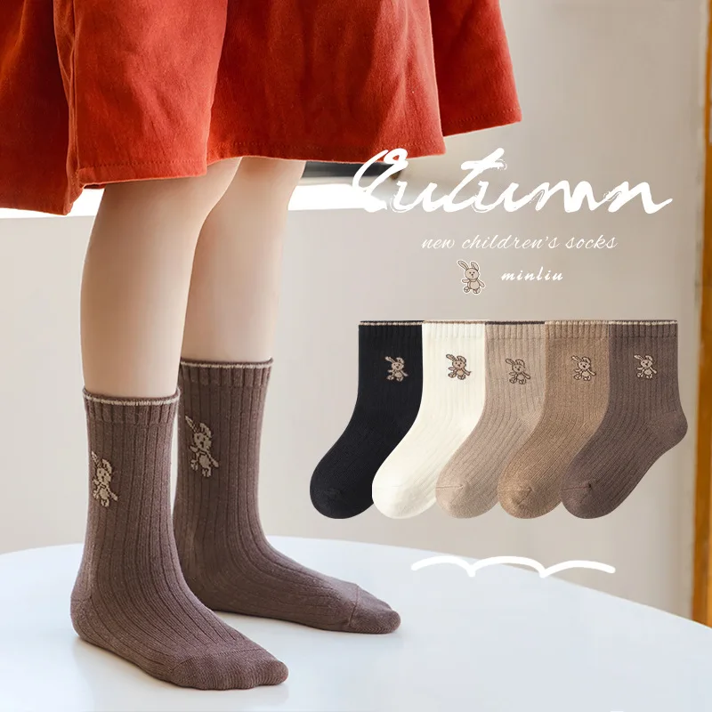 Chaussettes d'automne pour bébés, 5 paires, en coton, motif lapin de dessin animé, longueur mollet, couleur unie