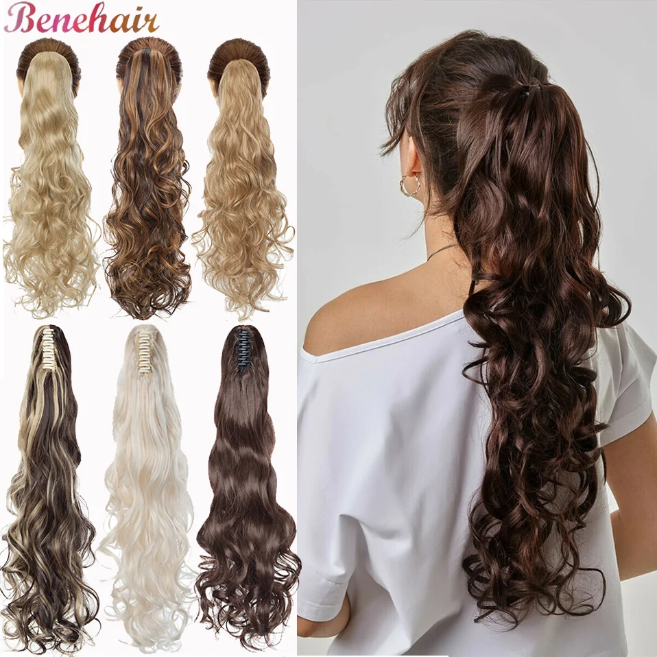 Benehair Synthetic 24inch Long Wavy Claw On Ponytail Black Brown Ombre Ponytail Deep Wave Hairpiece Clip In Extensions For Women