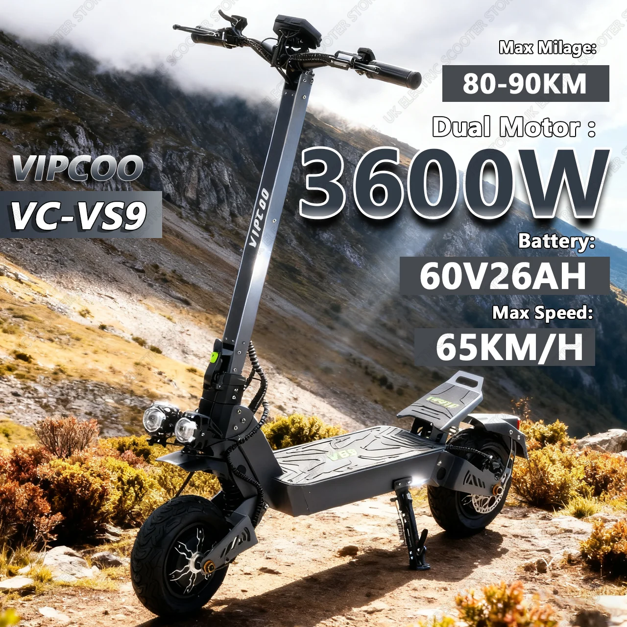 VIPCOO VC-VS9 3600 واط محرك مزدوج 60V26AH بطارية ليثيوم منافذ شحن مزدوجة سكوتر كهربائي 11 في الإطارات على الطرق الوعرة الكبار Escooter