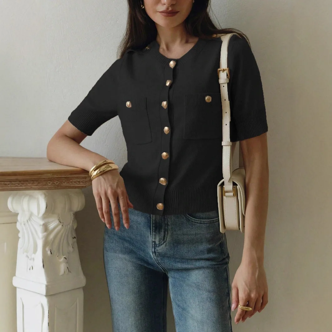 Autumn Simple And Elegant Double Pocket Metal Buckle Knitted Top Temperament Crew Neck Cardigan