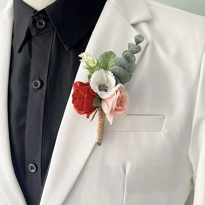 White Boutonniere Wedding Corsage Flowers Artificial Red Rose Bracelet for Bridesmaid Men Buttonhole Guests Marriage Accessories