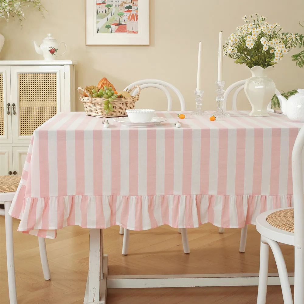 French Pastoral Style Yarn-Dyed Striped Table Cloth Cotton Coffee Ruffled Edges Decoration Tablecloth Rectangular Tablecloths