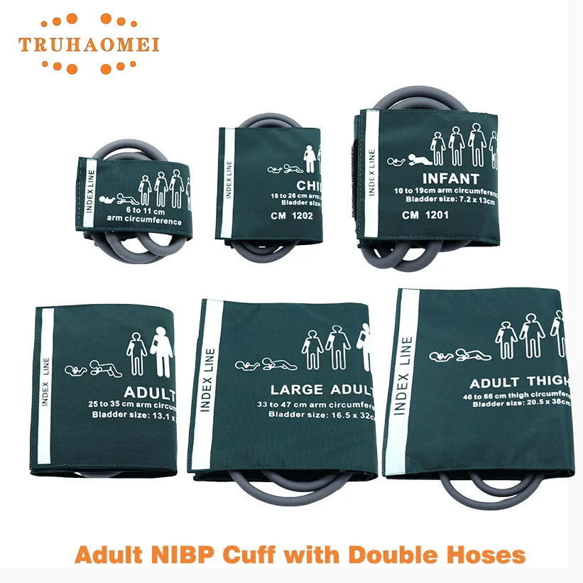 Green Color NIBP Cuff Double Hoses Two Tubes Reusable Blood Pressure Cuff with Bladder For Adult Child Neonates Sizes Monitor