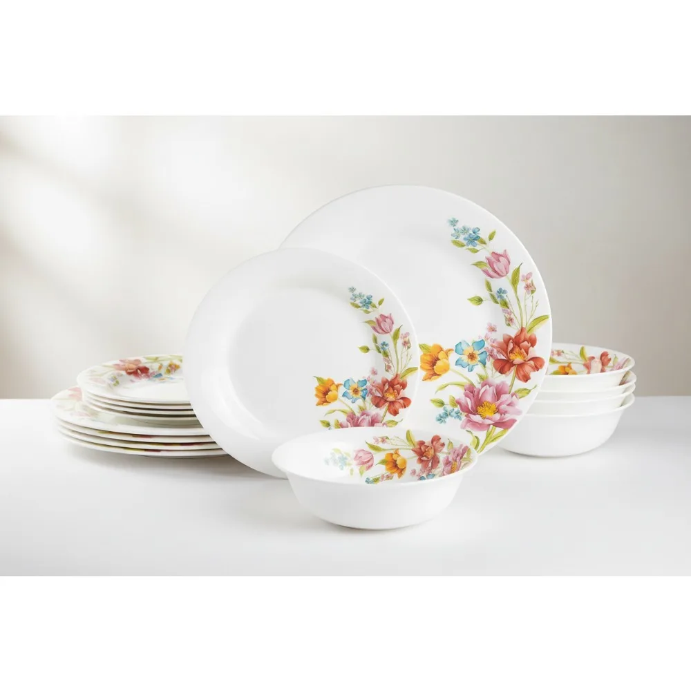 

Сверхпрочный набор столовой посуды из 18 предметов для семьи, красный цветочный дизайн, микроволновая печь и можно мыть в посудомоечной машине