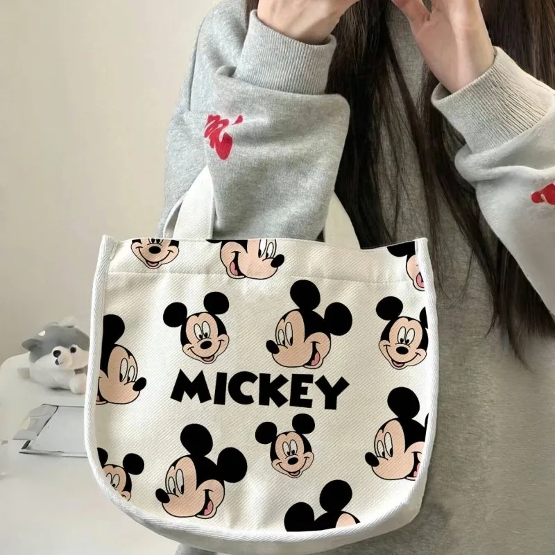 Disney-Bolsa quadrada pequena para estudantes, bolsa portátil para almoço e almoço, desenho animado criativo, bonito coração feminino impresso, mickey, funcionário de escritório