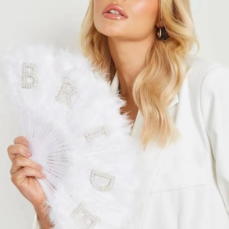 Bridal Feather Fan with Pearl White Folding Fan Bachelorette Party Wedding Decoration