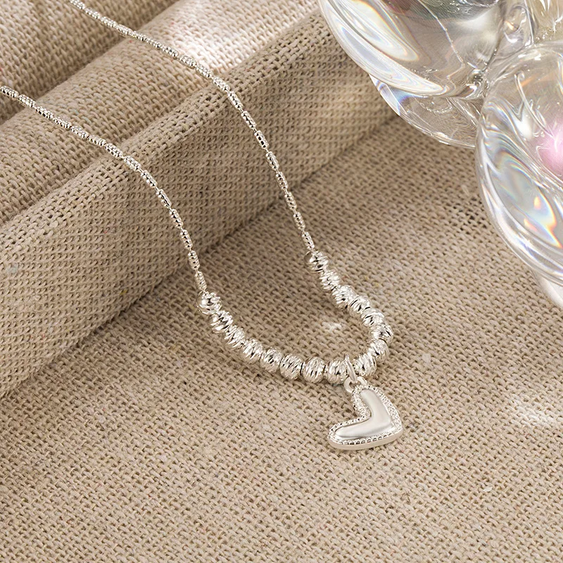 French High Grade 925 Silver Love Heart Necklace Women Simple Elegance Flower Beads Jewelry Sparkling Collarbone Chain KOFSAC