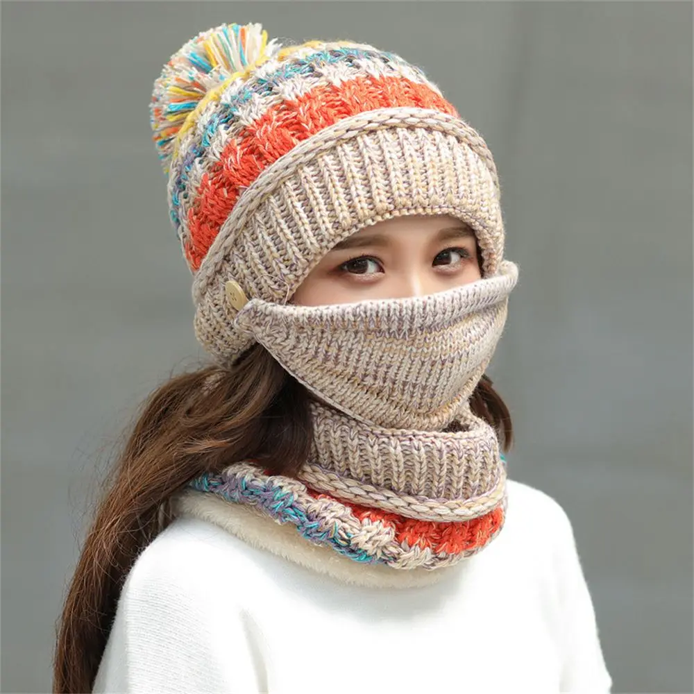 

Cold Protection Winter Pom Bobble Neck Warmer Stripe Women Beanie Hat Scarf Mask Set Snow Ski Cap