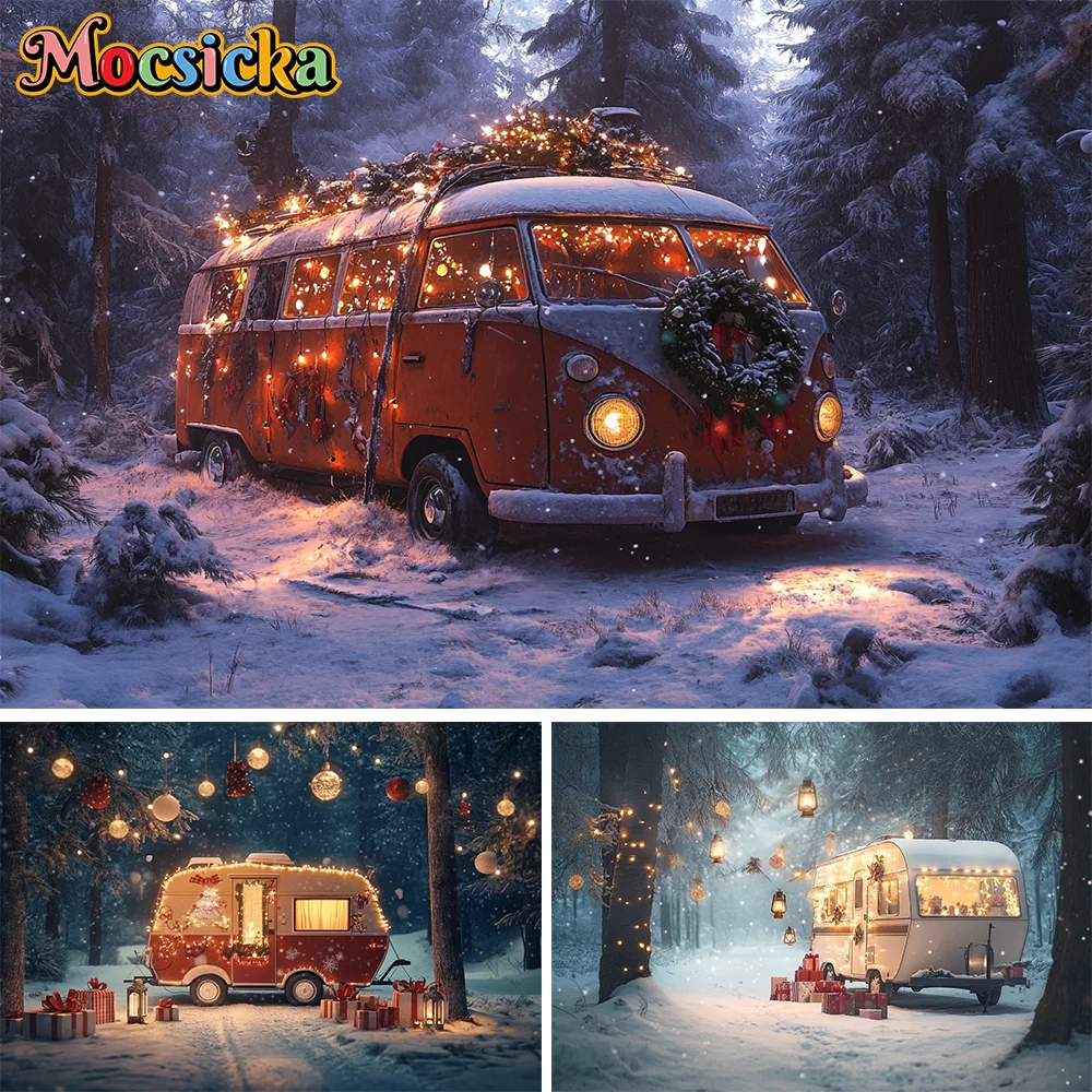 

Christmas Photography Background Winter Snowy Camping Bus Xmas Tree Backdrop Decor Kids Family Photo Street Lights Studio Props