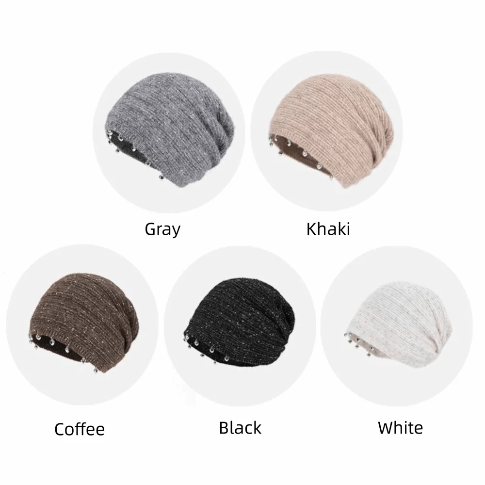 Soft Slouchy Beanie Hat Metal Pendant Detail Hand-Beaded Design Knit Hat Ribbed Cuff Thickened Knitted Slouchy Hat
