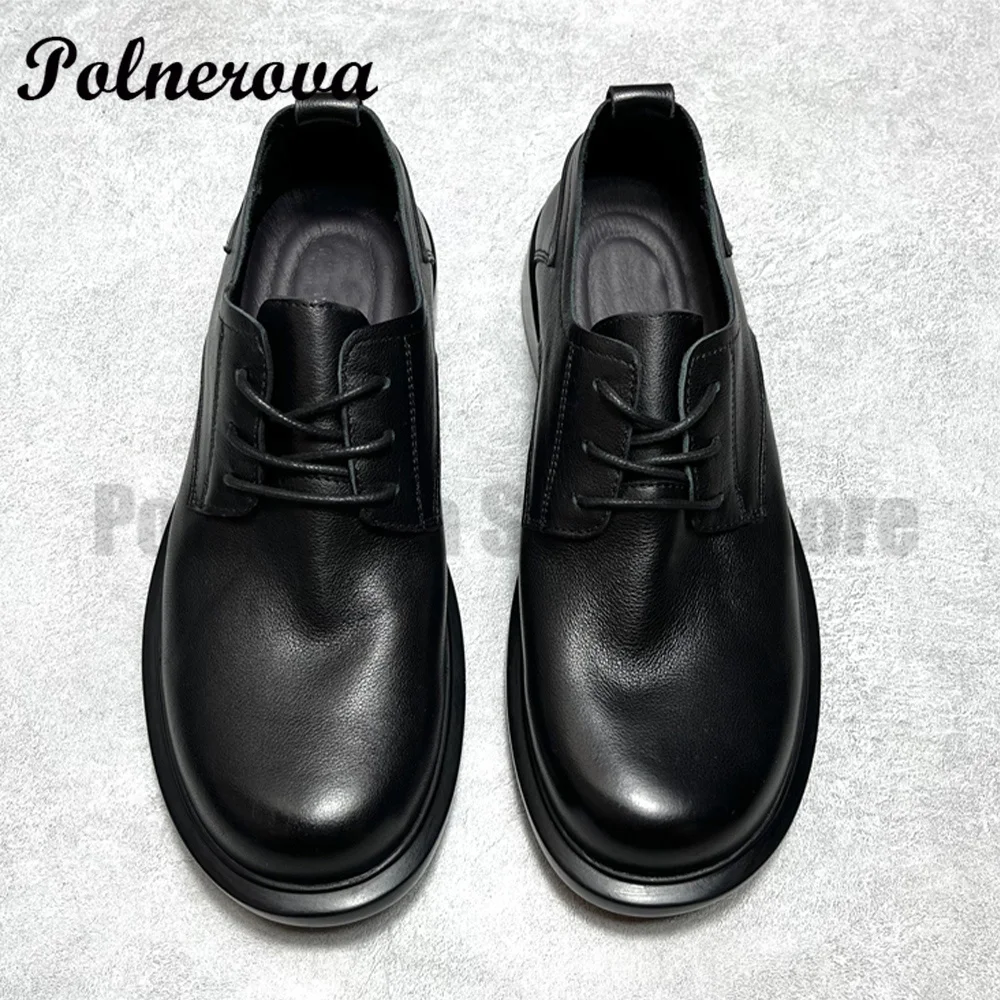 

Black Leather Casual Shoes Round Toe Lace-Up Men's Shoes Designer Stylish Thick Sole Derby Shoes Handmade Outdoor Men Shoes