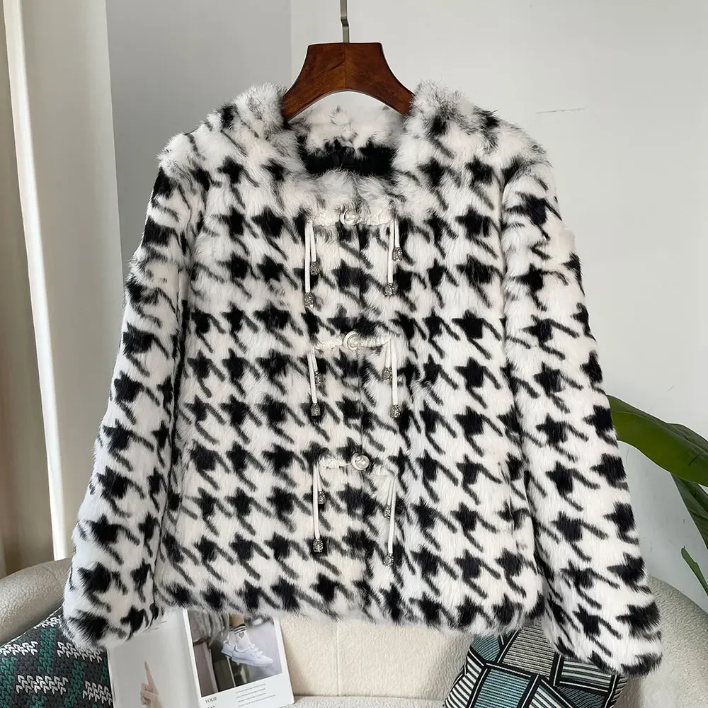 Jaket bulu kelinci alami untuk wanita, mantel luar musim dingin tebal hangat pola Houndstooth 2024, pakaian luar elegan modis