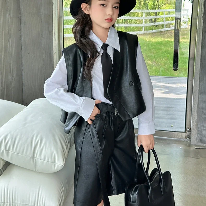 Girls Suit 2024 Autumn New Childrens Wear Korean Style Foreign Style Leather Vest Leather Shorts Two-piece Casual Simple Daily image 6