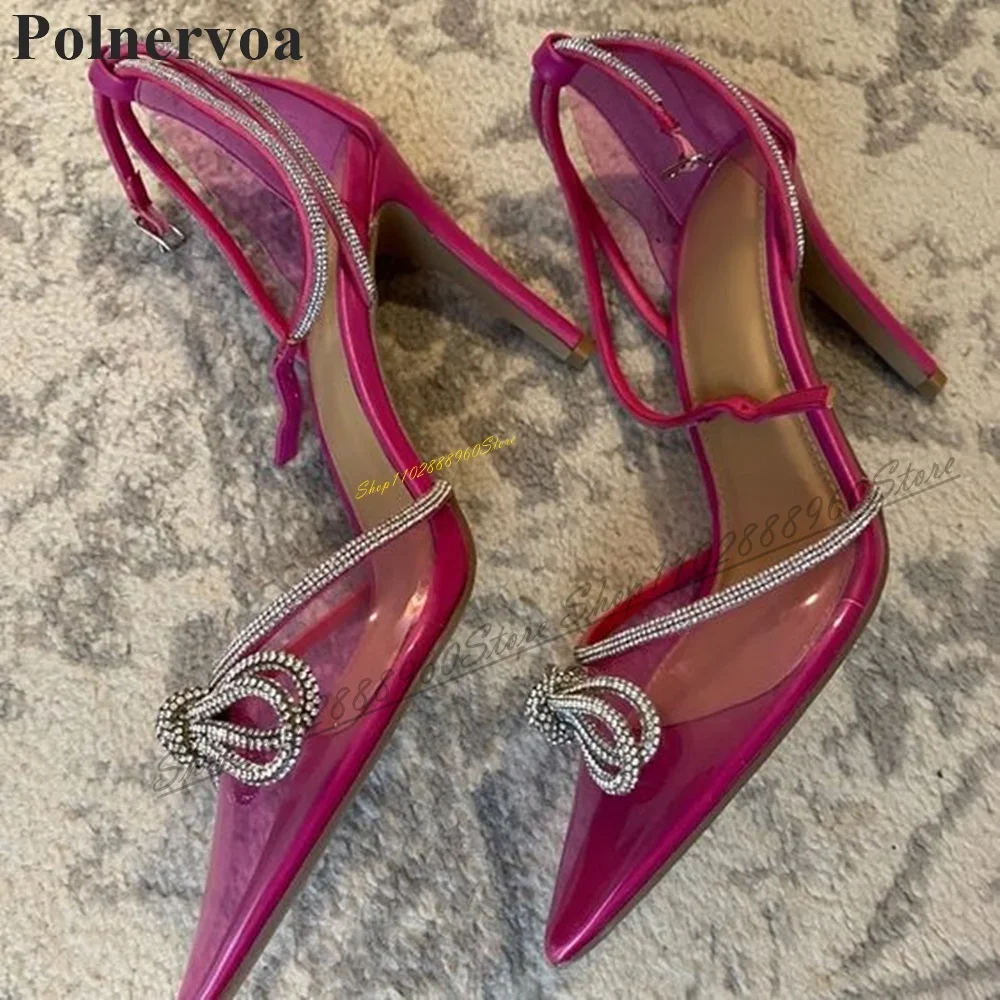 

Rose Red PVC Sparkling Bowknot Decor Sandals Thin High Heel Women Shoes Ankle Buckle Strap Pointed Toe 2024 Zapatos Para Mujere
