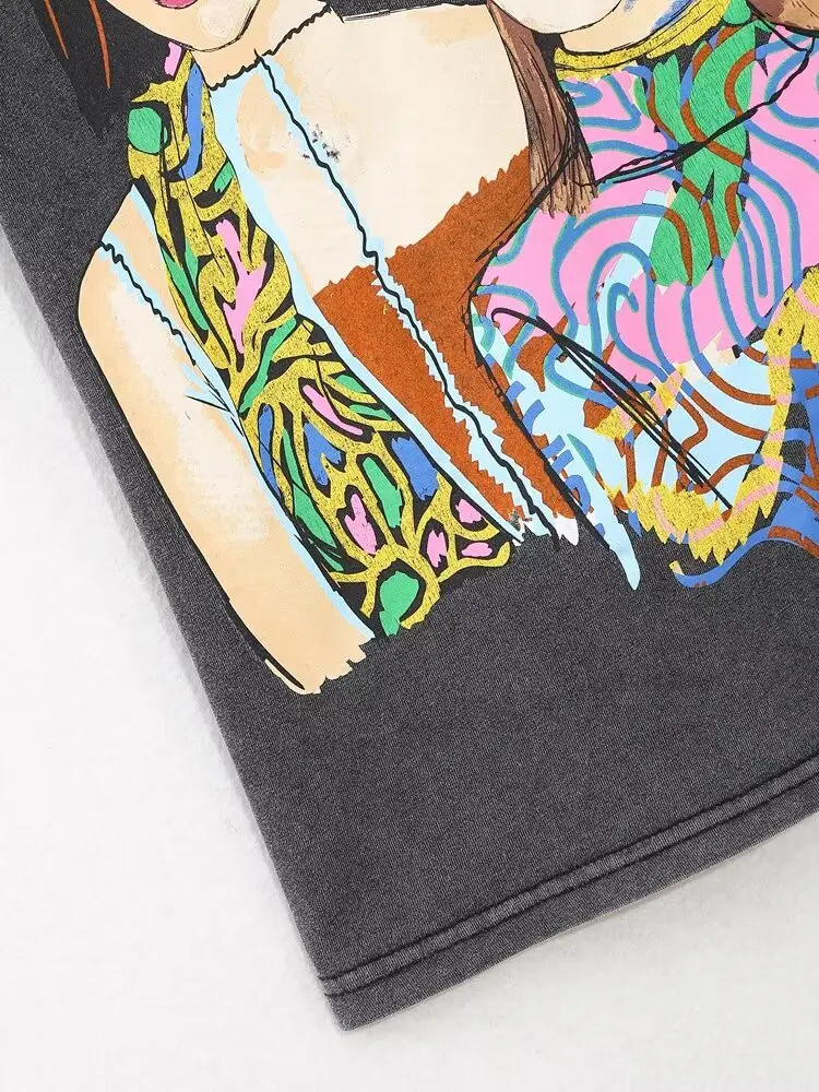 NOVEDAD DE VERANO 20225, camiseta de manga corta con cuello redondo desgastada y estampado Retro versátil para mujer 1131/334