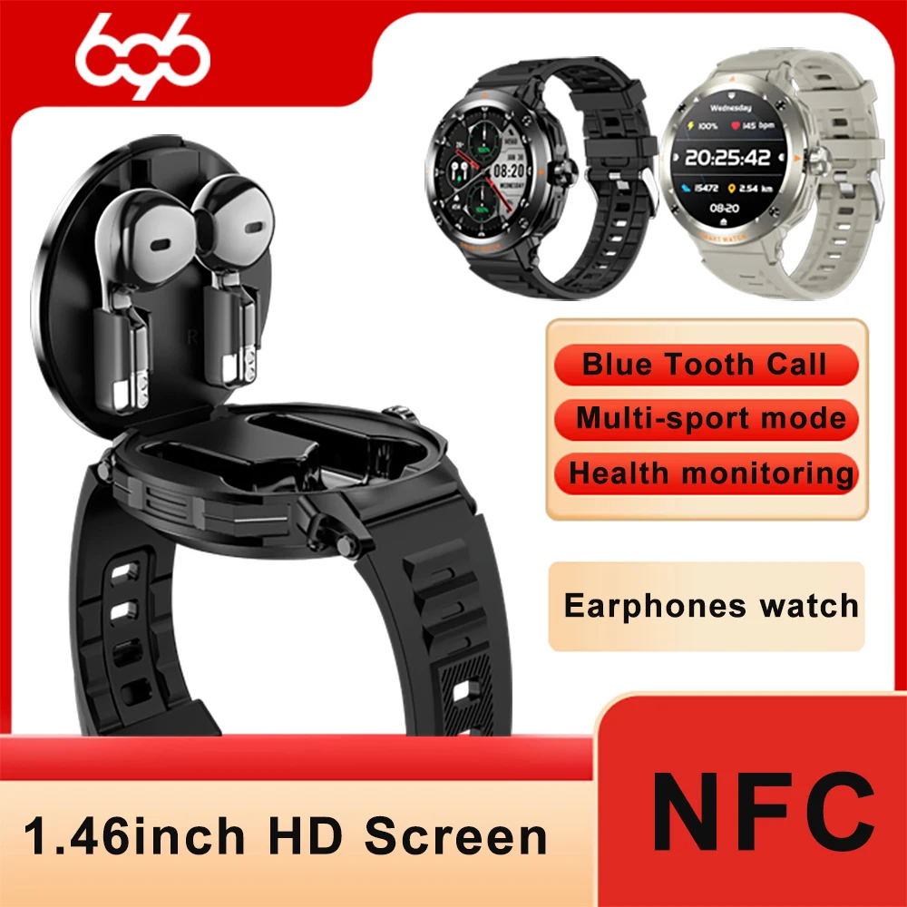 

696 Новая гарнитура 2 в 1, умные часы, синий зуб, звонок, пульс, здоровье, музыкальные часы для наушников, спортивные умные часы для фитнеса, NFC