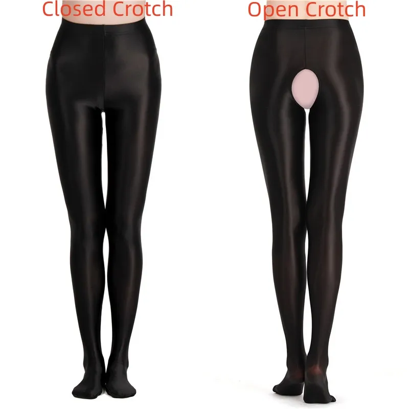 Smooth Satin Tights Plus Size Night Club Party Lingerie Sexy Open Crotch Leggings Ladies High Elastic 80D Oil Shiny Pantyhose